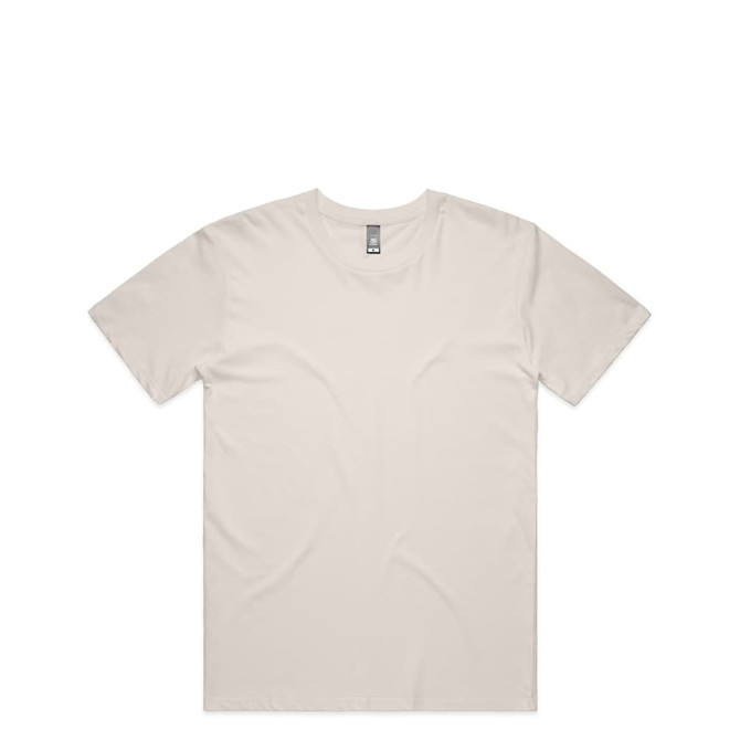 A beige t-shirt with a round neckline and short sleeves, featuring a logo on the tag.