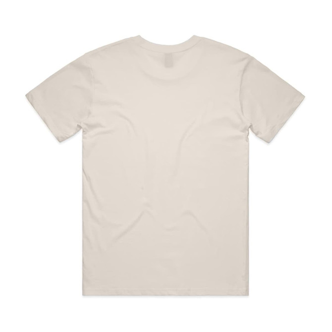 A plain cream-coloured T-shirt with a standard crew neck and short sleeves. Features a logo on the back.