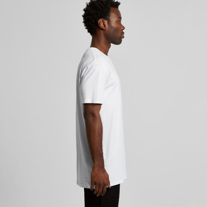 A white t-shirt with a relaxed fit, featuring short sleeves and a side view of a model. Includes a logo.