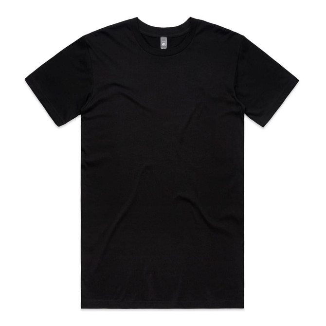 A black T-shirt with a standard crew neck and short sleeves, featuring a branding logo.