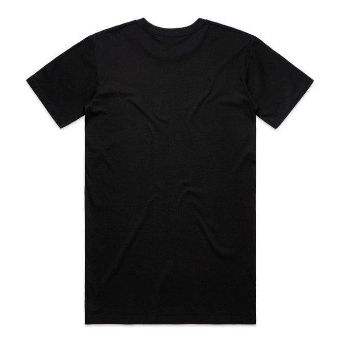 A black t-shirt with a simple design and a back view. It has a branding logo near the neckline.