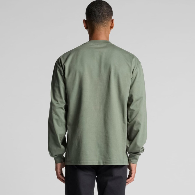 A long-sleeve tee in olive green, featuring a simple design and a logo on the back.