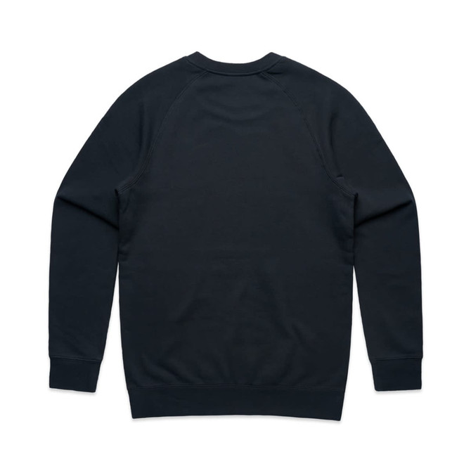 A dark green jumper with a simple design and ribbed cuffs, featuring a logo on the back.