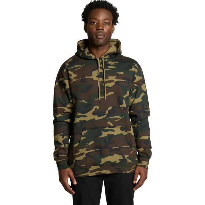 A camouflage-patterned hoodie in green and brown tones, featuring a drawstring hood and a front pocket.
