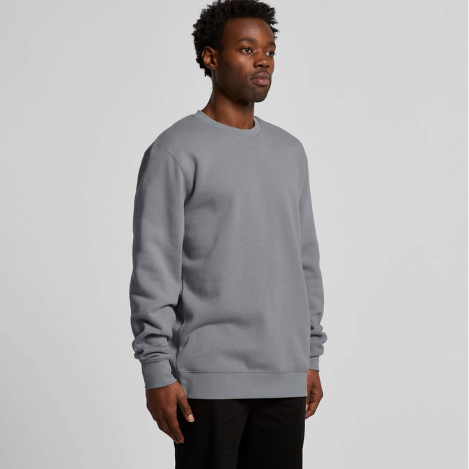 A grey hoodie with a standard crew neck and long sleeves is displayed on a male model.