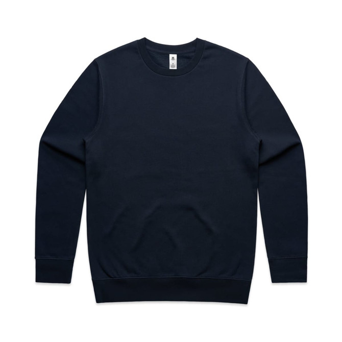 A navy blue hoodie featuring a crew neck and long sleeves. It has a branding logo on the inside.