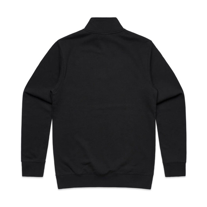 A black half-zip crew jumper featuring a high collar and ribbed cuffs, with a logo on the back.