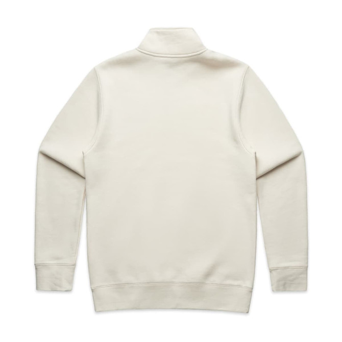 A cream-coloured sweater featuring a half zip and a collar, with long sleeves and a plain back. It has a logo.