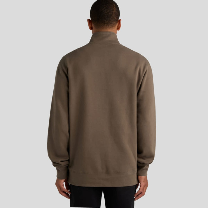 A neutral brown sweater with a stand-up collar and long sleeves, featuring a logo on the back.