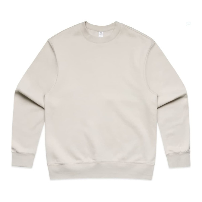 A light beige crew jumper with long sleeves and a round neckline. It features a logo on the front.