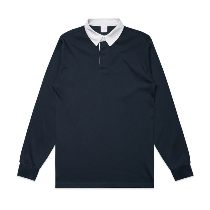 A long-sleeved rugby jersey in navy blue with a white collar and a small placket, featuring a logo.