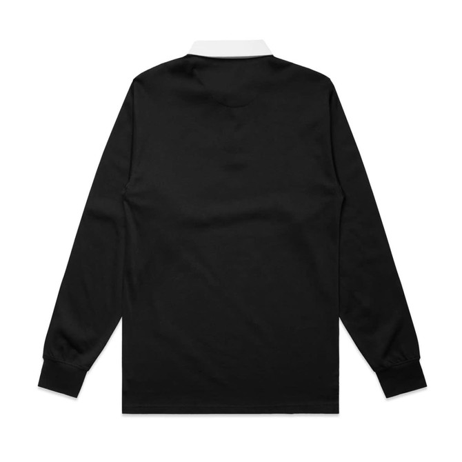 A black rugby jersey with long sleeves and a white collar, featuring a logo on the back.
