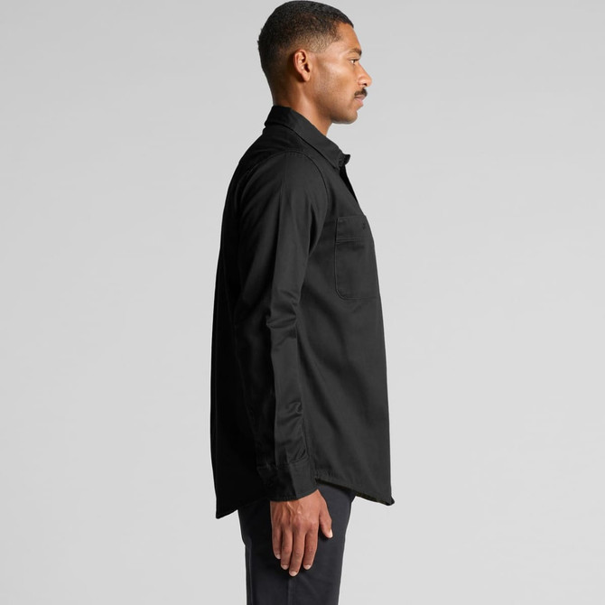 A black work shirt displayed on a model, featuring a side view with long sleeves and a pocket.