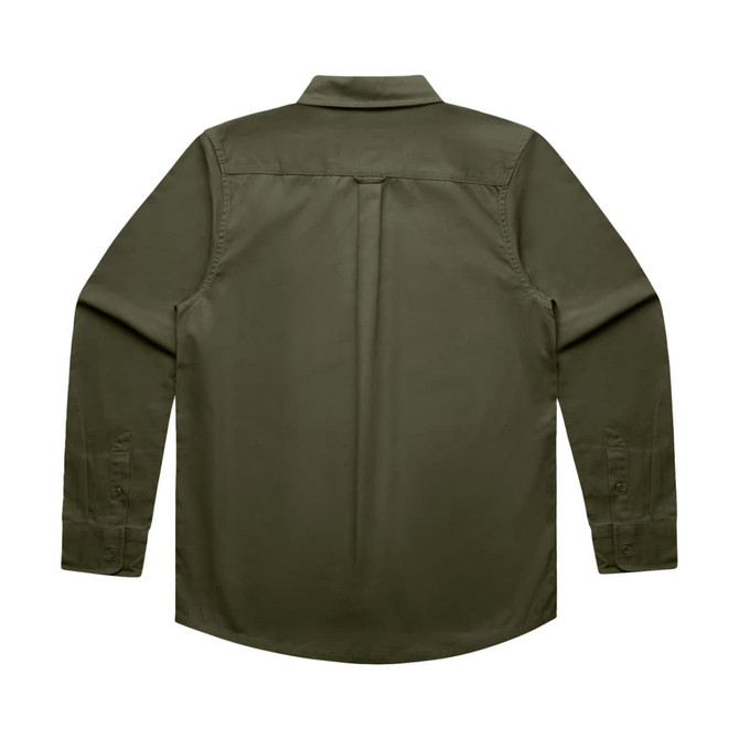 A green work shirt with long sleeves and a back vent detail. It features a collar and buttoned cuffs.
