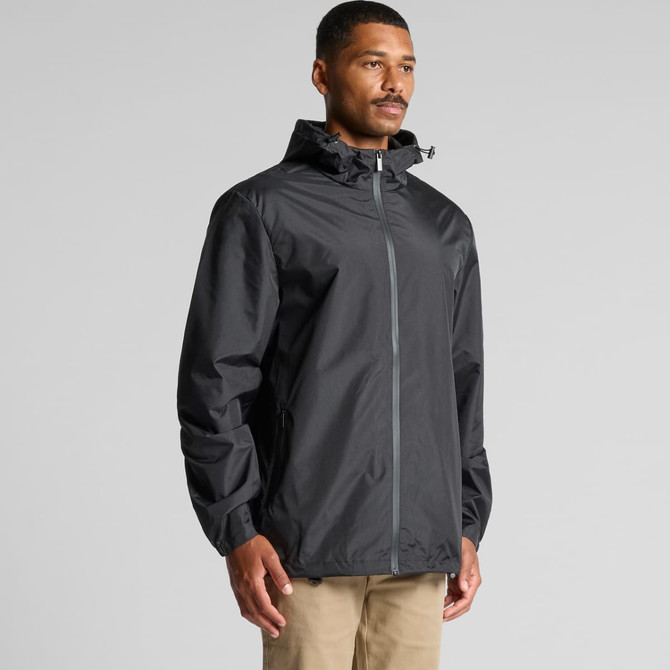A black rain jacket featuring a hood and side pockets, designed for protection against wet weather.