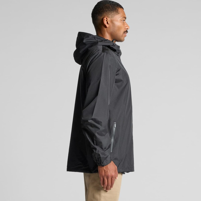 A black rain jacket with a hood, featuring a side zip pocket and a logo on the sleeve.