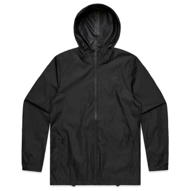 A black rain jacket with a hood, featuring a front zip and side pockets, also has a logo.