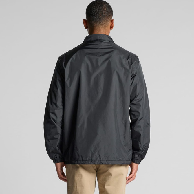 A black coach jacket with a relaxed fit, featuring long sleeves and a collar. The back view shows a clean design.