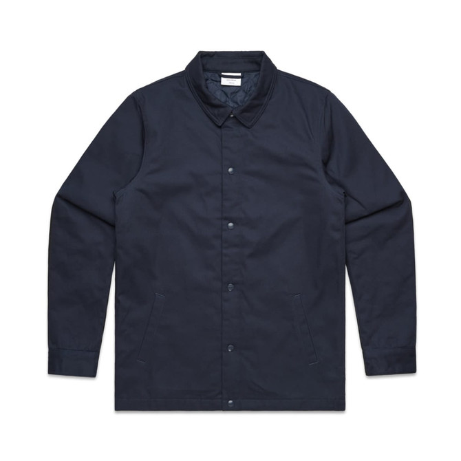 A navy blue work jacket featuring a collar, button closure, and side pockets. It has a logo on the label.