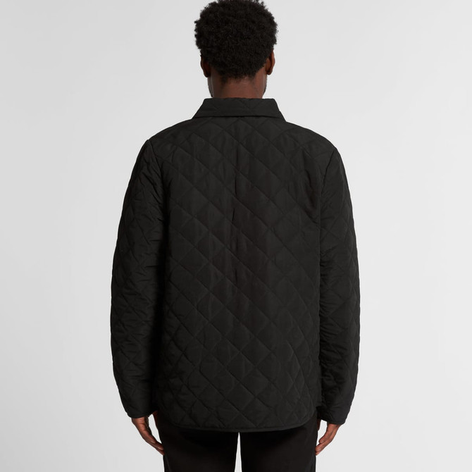 A black quilted puffer jacket with a diamond pattern, viewed from the back on a model.