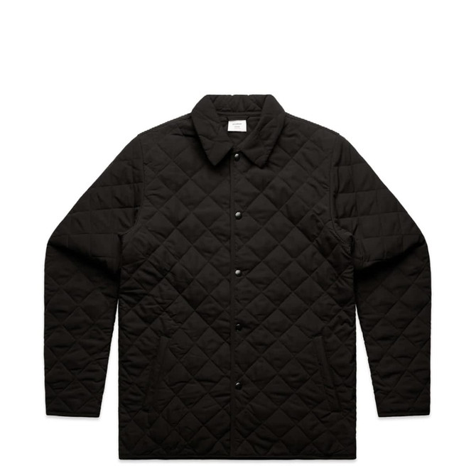 A black quilted jacket with a button-up front and long sleeves. It features a logo on the chest area.