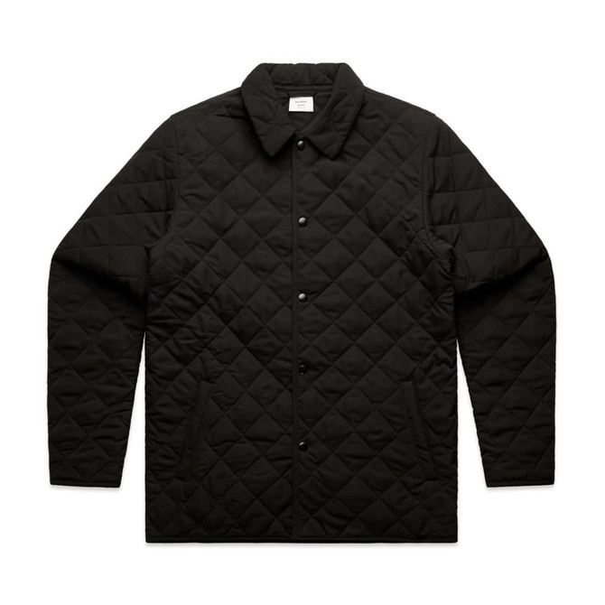 A black quilted puffer jacket with a collared neckline and button front, featuring a logo.