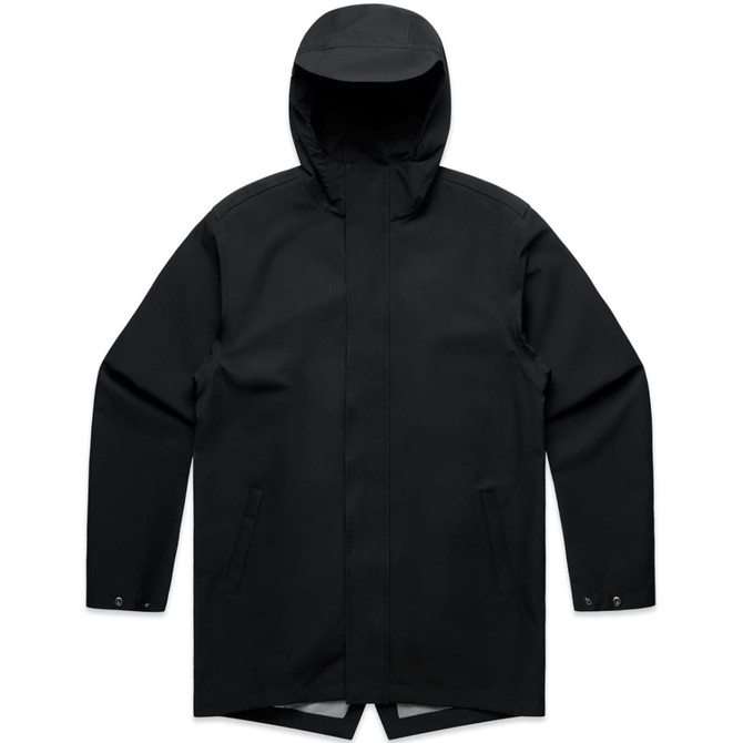 A black rain jacket with a hood, featuring pockets and a sleek design, includes a logo on the fabric.