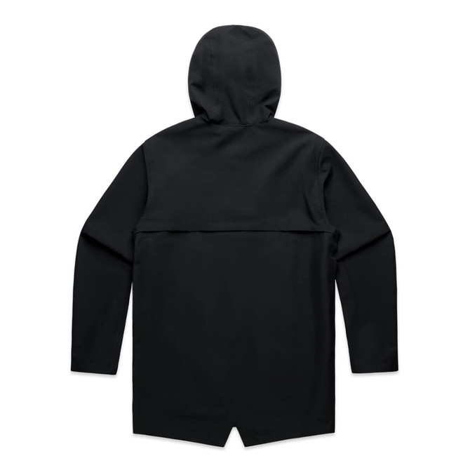 A black rain jacket with a hood and a back vent detail, featuring a logo on the fabric.