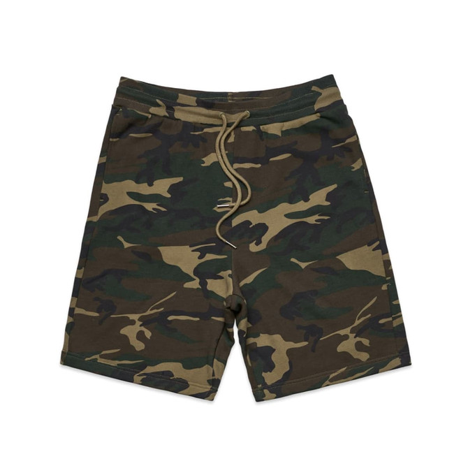Camo shorts in shades of green and brown with an elastic waistband and drawstring, featuring a logo.