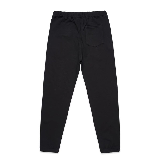 Black track pants with an elastic waistband and a single back pocket, featuring a logo on one side.
