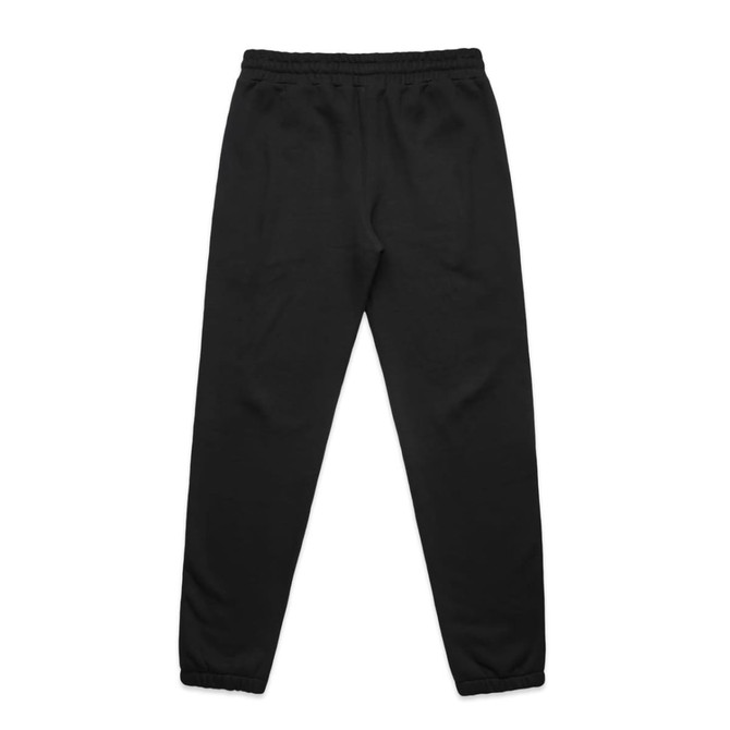 A pair of black track pants with an elastic waistband and tapered cuffs, featuring a logo on the front.