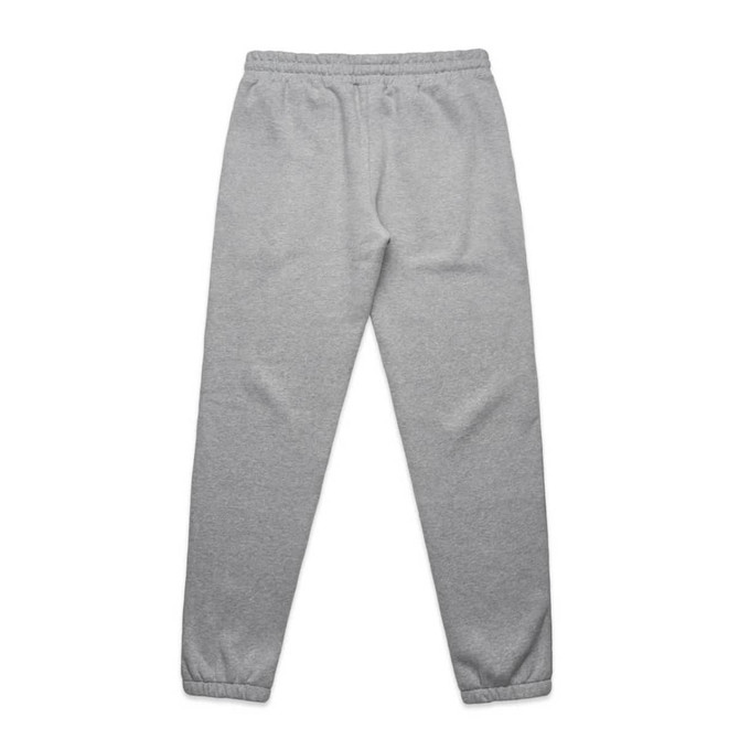 Grey track pants with an elastic waistband and cuffs, featuring a logo on one side.