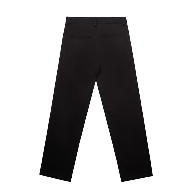 Black relaxed pants with a straight leg design and back pockets, featuring branding on the waistband.