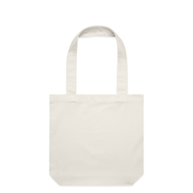 A light cream tote bag with two handles and a simple design. It features a logo on one side.