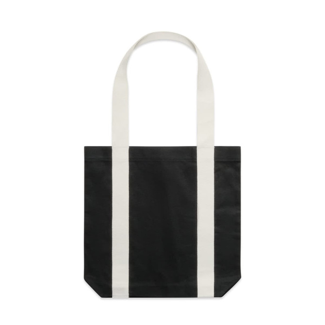 A two-tone tote bag featuring black fabric with cream-coloured stripes and sturdy handles. It includes a logo.