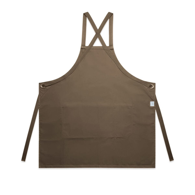 A brown Carrie Apron featuring cross-back straps and a front pocket, designed for workwear use.