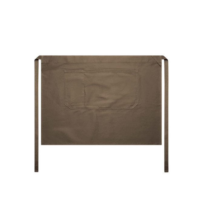 A brown half apron featuring a large pocket and ties on either side. It has a simple design and includes branding.