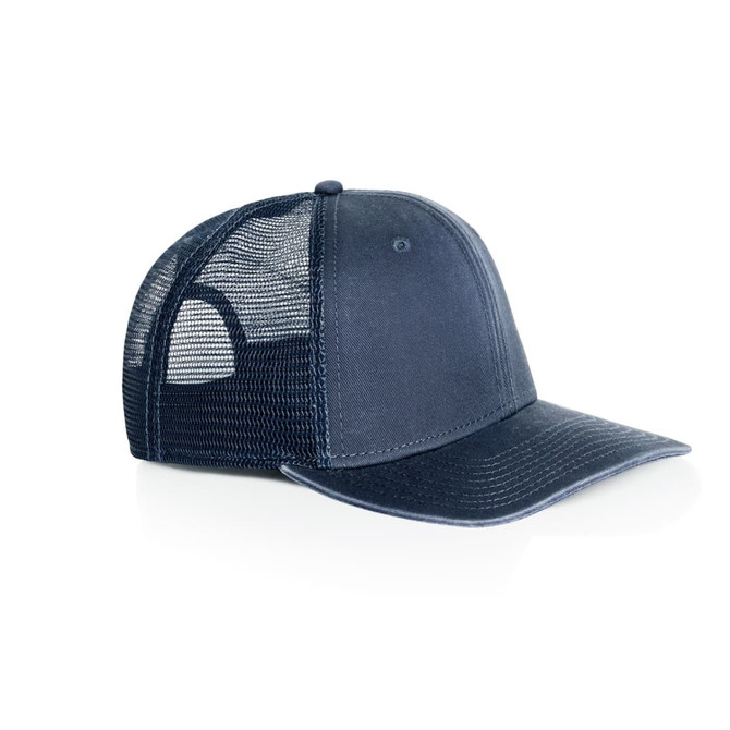 A navy trucker cap with a solid front and mesh back, featuring a logo on the front.