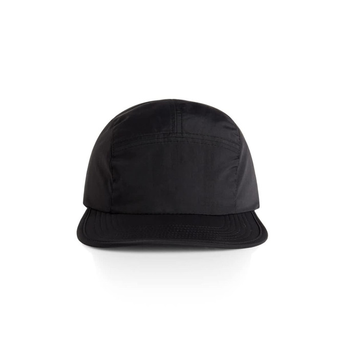A black nylon cap with a structured front and a curved brim, featuring a logo on the side.