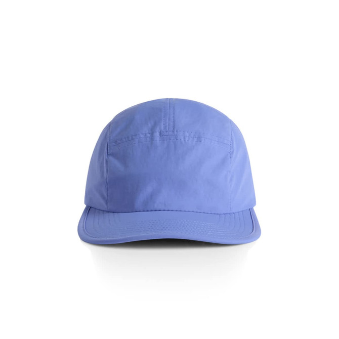 A blue nylon cap with a curved brim and a logo on the front. The cap has a simple and sleek design.
