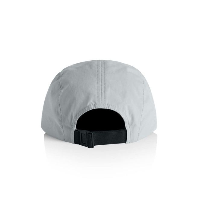 A light grey nylon cap with a black adjustable strap, featuring a logo on the back.