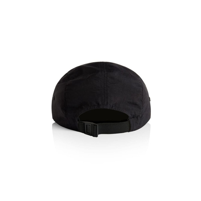 A black two-tone nylon cap with an adjustable strap at the back and a branding logo.