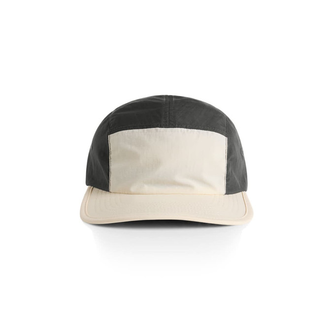 A two-tone nylon cap featuring a dark grey top and a cream front brim, equipped with a logo.