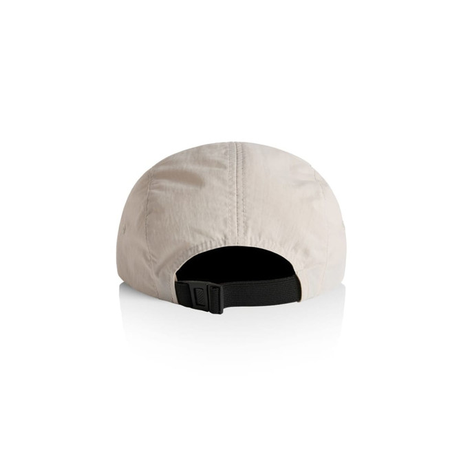 A beige two-tone nylon cap with a black adjustable strap at the back, featuring a logo.
