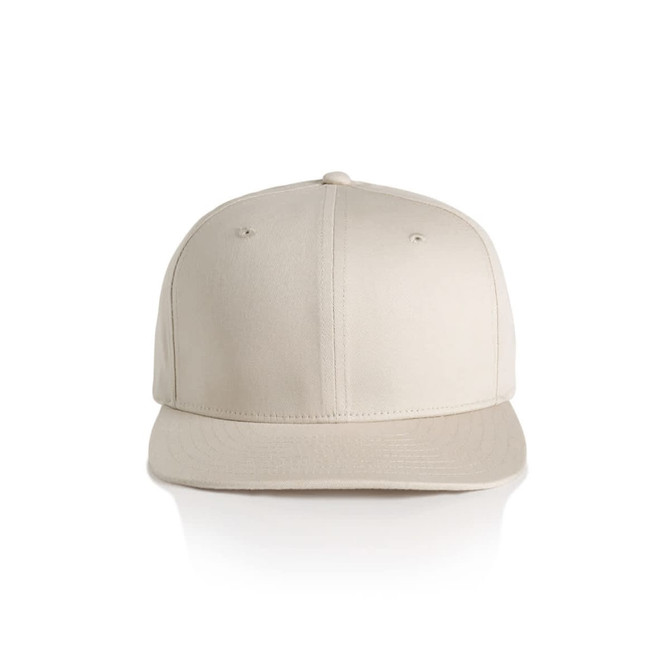 A beige cap with a flat brim and a logo on the front.