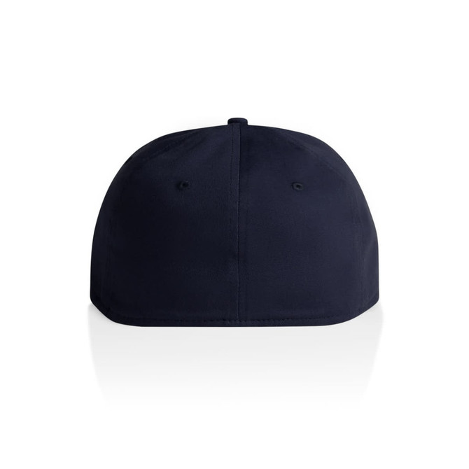 A navy cap featuring a rounded design and a back view, with a small logo present.