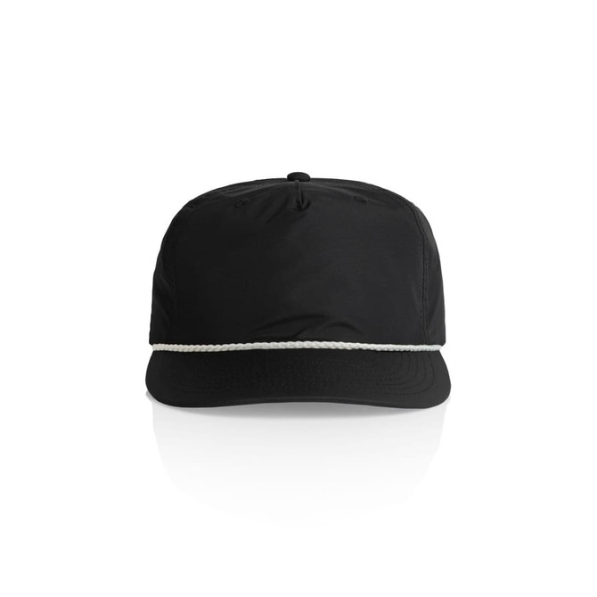 A black cap featuring a white rope detail along the brim and a logo on the front.