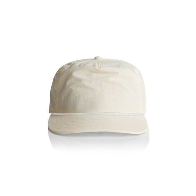 A cap in a light cream colour featuring a front brim and an attached logo.