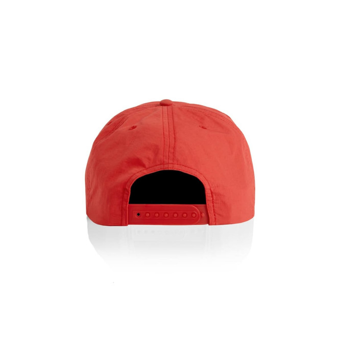 A red cap featuring a rear adjustable strap and ventilation eyelets. It includes a logo on the back.