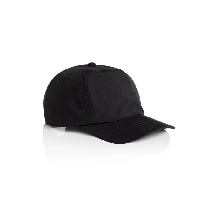 A black cap with a structured design and a curved brim, featuring a branding logo on the front.